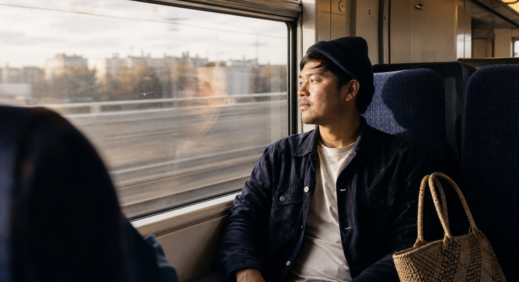 A Filipino traveler looking through a train window in Europe, reflecting a life between cultures.