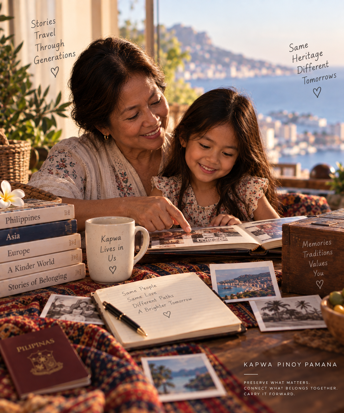 A Filipina grandmother and child looking through a family photograph album together.