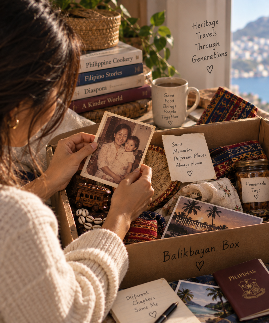 A balikbayan box filled with family photographs, woven fabrics, books and personal keepsakes.