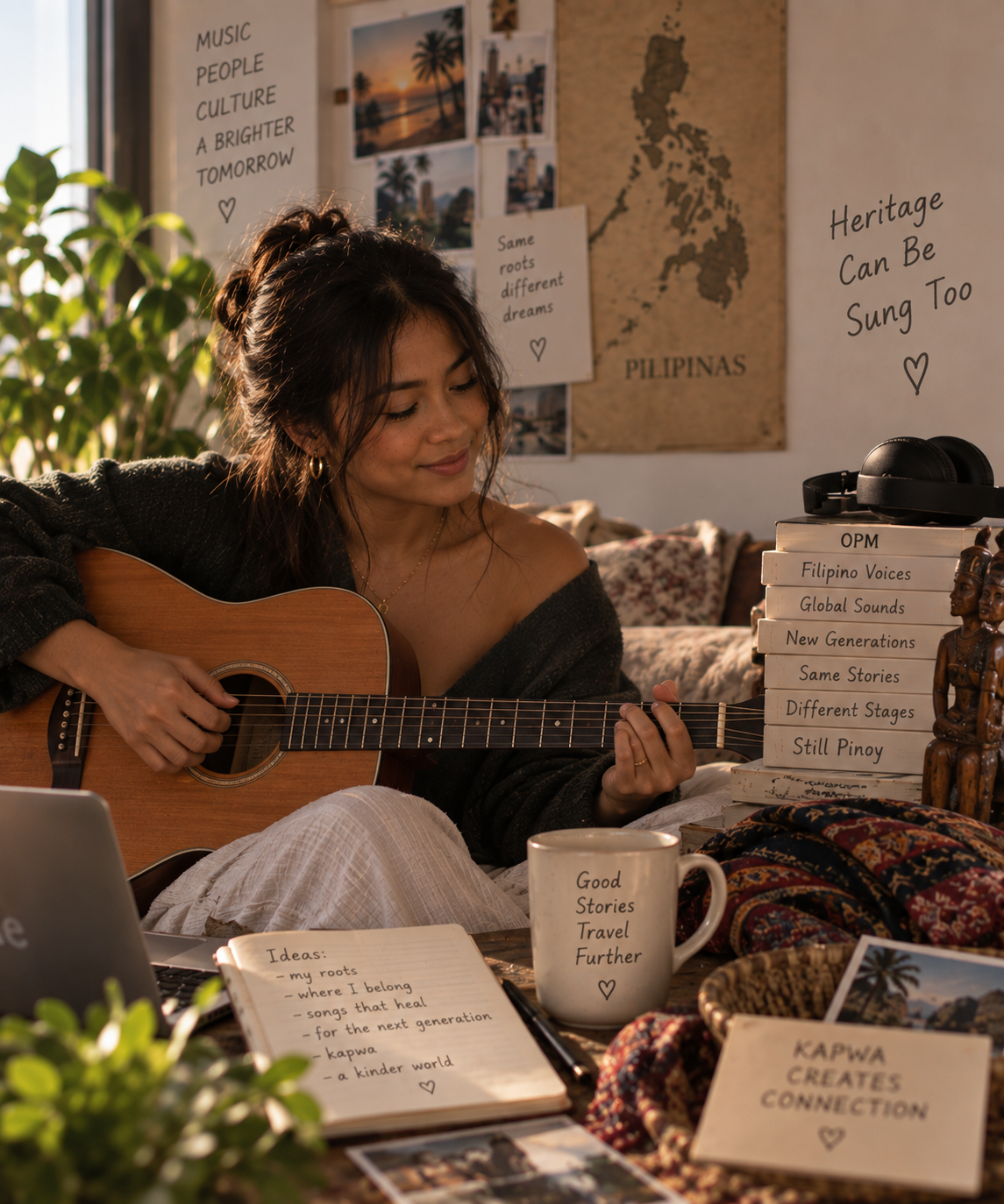 A Filipina diaspora musician playing an acoustic guitar among photographs, books and woven keepsakes.