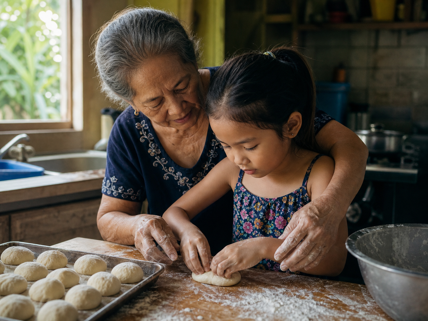 A Filipina grandmother and child sharing language and tradition while baking.